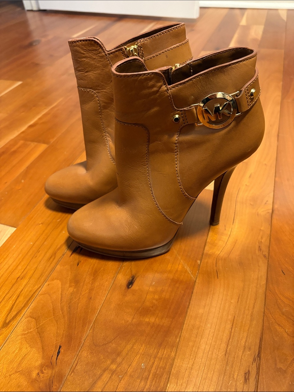 MICHAEL Michael Kors Tan Leather Stiletto Ankle Booties with Gold MK Accent